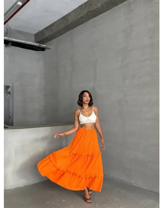 Fırfırlı Brodeli Astarlı Uzun Etek Turuncu S255047