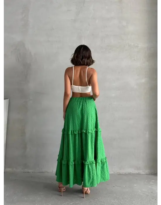 Fırfırlı Brodeli Astarlı Uzun Etek Yeşil S255047