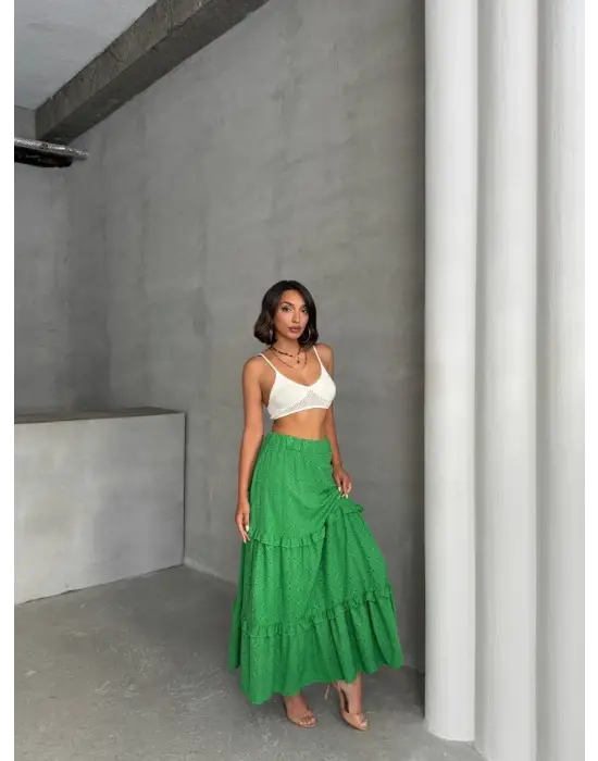 Fırfırlı Brodeli Astarlı Uzun Etek Yeşil S255047