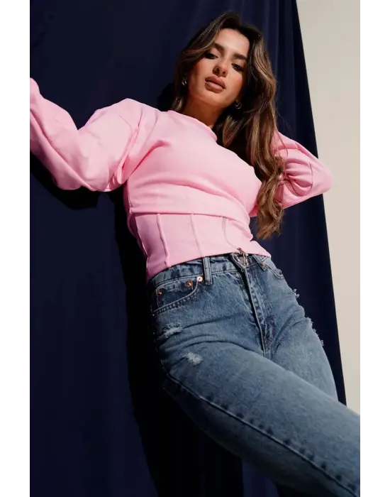 Fitilli Bisiklet Yaka İkili Bluz Pembe T4341