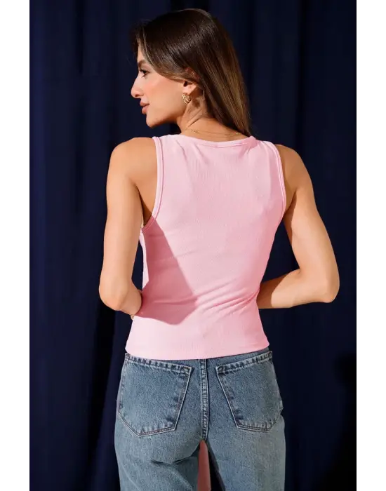 Fitilli Bisiklet Yaka İkili Bluz Pembe T4341