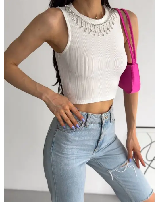 Fitilli Kaşkorse Yakası Zincirli Atlet Beyaz