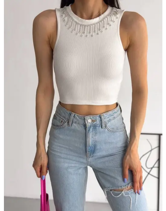 Fitilli Kaşkorse Yakası Zincirli Atlet Beyaz