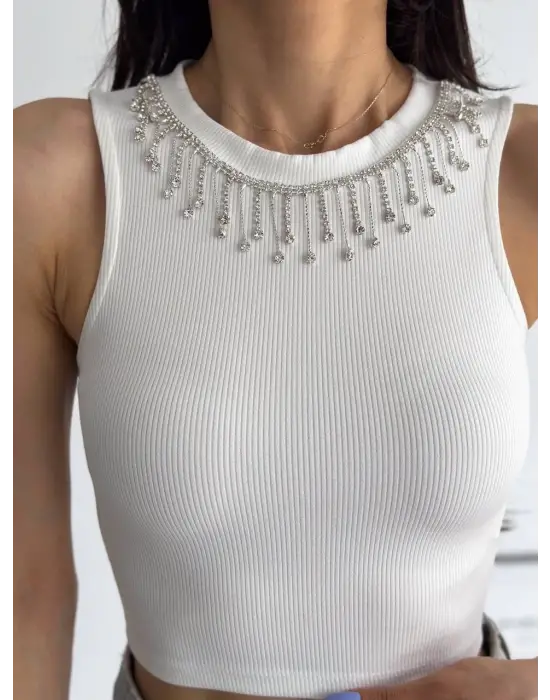 Fitilli Kaşkorse Yakası Zincirli Atlet Beyaz