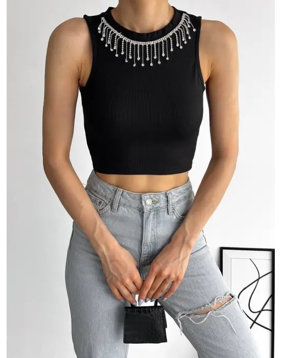 Fitilli Kaşkorse Yakası Zincirli Atlet Siyah