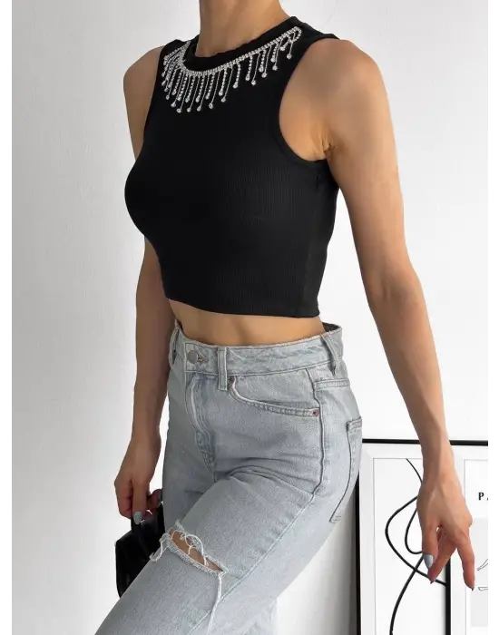 Fitilli Kaşkorse Yakası Zincirli Atlet Siyah