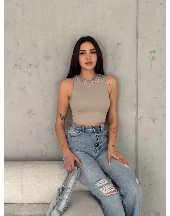 Fitilli Kaşkorse Yakası Zincirli Atlet Vizon