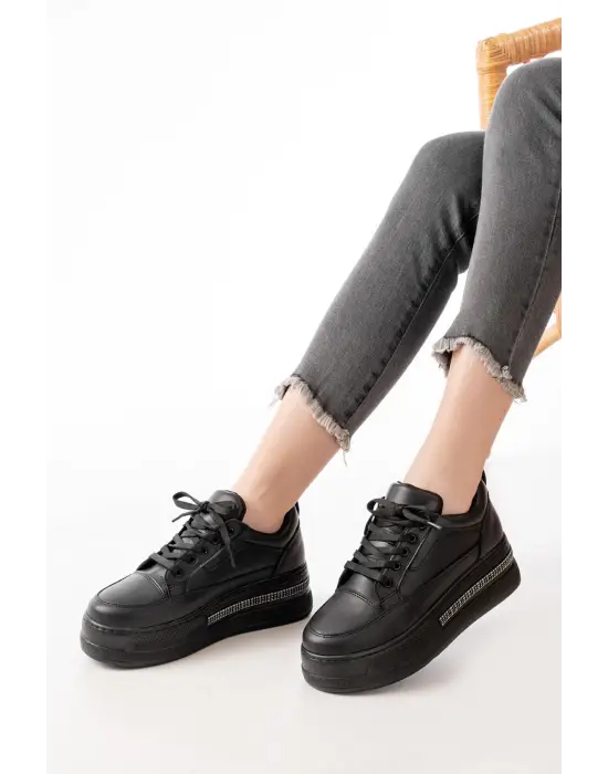 Fln-1999 Siyah Bağcıklı Taban Taş Aksesuarlı Günlük Spor Ayakkabı