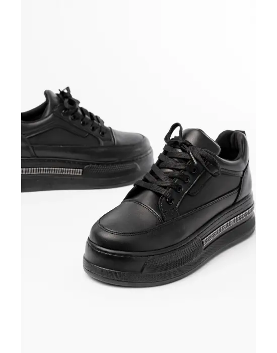 Fln-1999 Siyah Bağcıklı Taban Taş Aksesuarlı Günlük Spor Ayakkabı