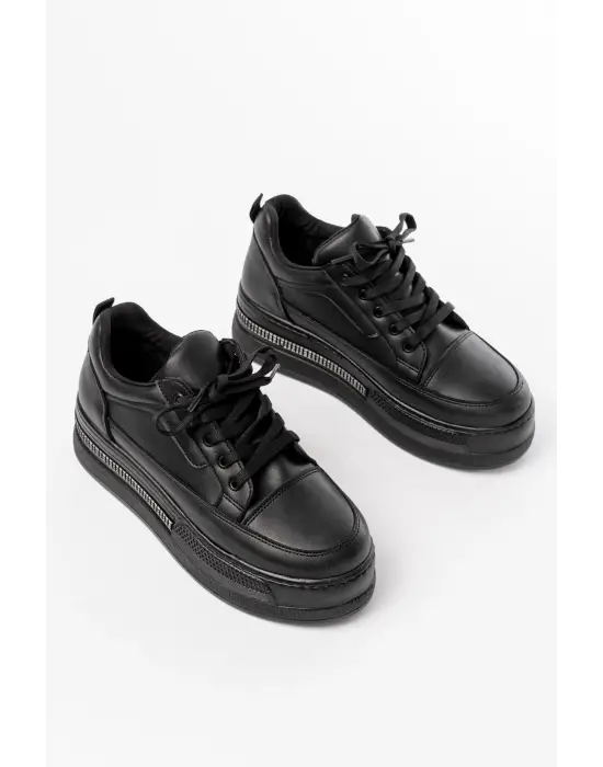 Fln-1999 Siyah Bağcıklı Taban Taş Aksesuarlı Günlük Spor Ayakkabı