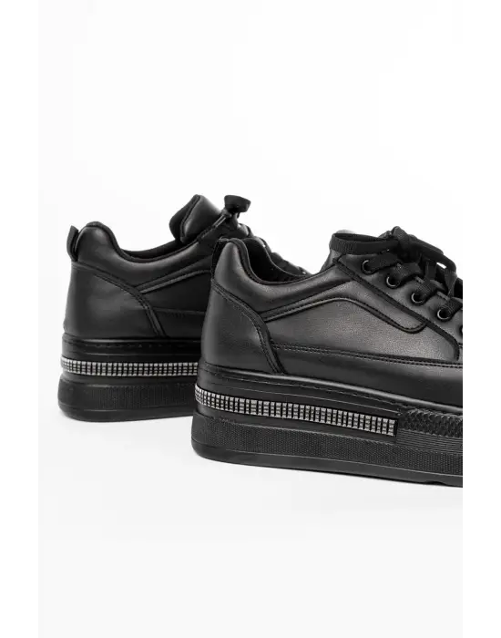 Fln-1999 Siyah Bağcıklı Taban Taş Aksesuarlı Günlük Spor Ayakkabı