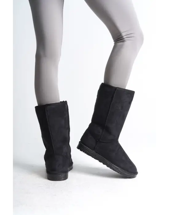 Freya Bağcıksız Düz Taban İçi Kürklü Süet Kadın Bot  St - Siyah