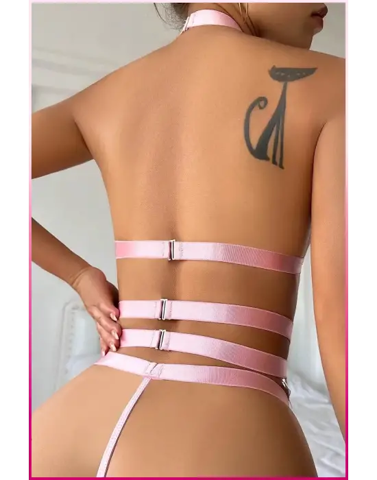 Fuşya Dantel Kalp Detaylı Zincirli Seksi İç Giyim Seti