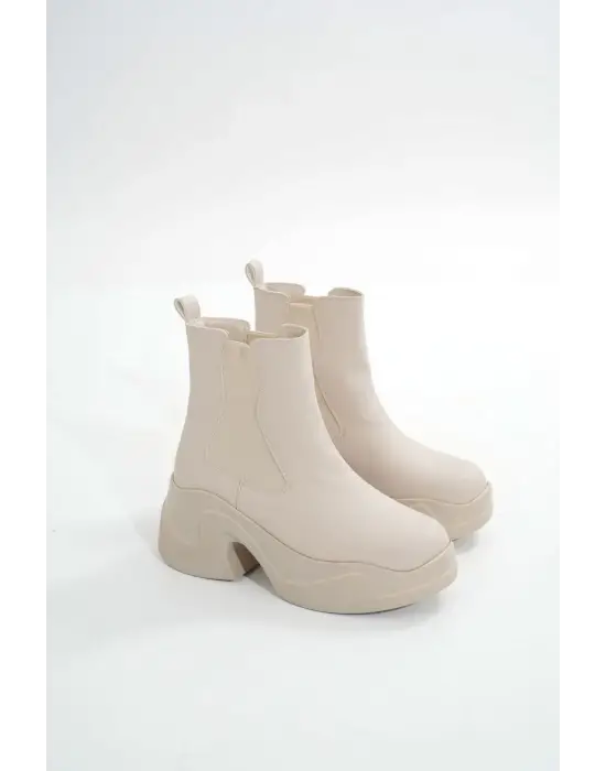 Bej Yüksek Tabanlı Lastikli Günlük Kadın Bot