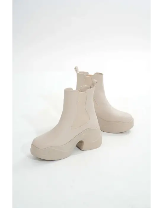 Bej Yüksek Tabanlı Lastikli Günlük Kadın Bot