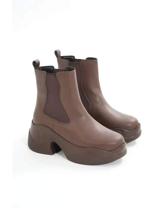 Kahverengi Yüksek Tabanlı Lastikli Günlük Kadın Bot