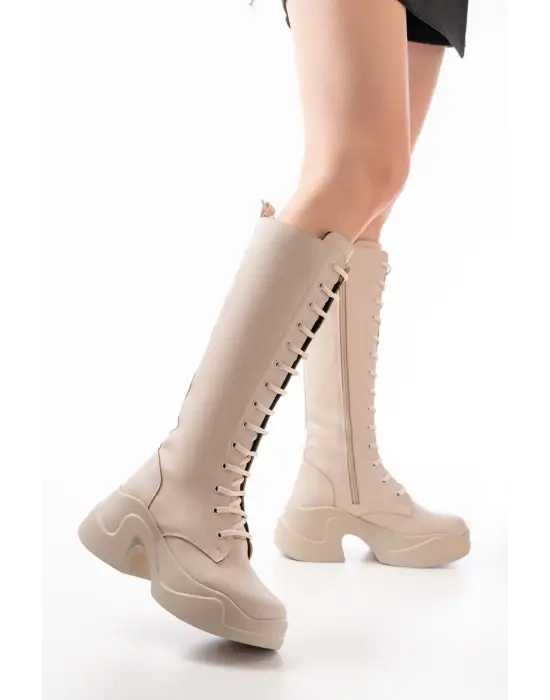 Bej Yüksek Tabanlı Bağcıklı Fermuarlı Günlük Kadın Çizme