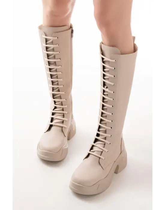 Bej Yüksek Tabanlı Bağcıklı Fermuarlı Günlük Kadın Çizme