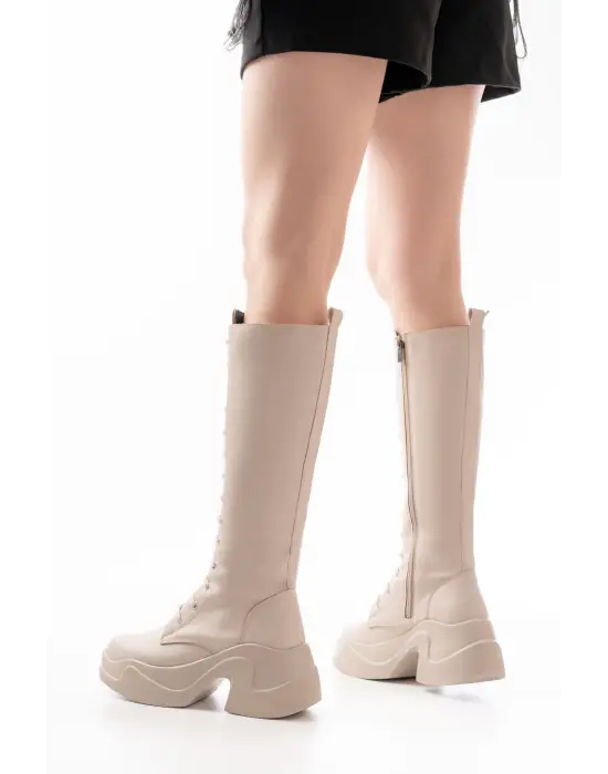 Bej Yüksek Tabanlı Bağcıklı Fermuarlı Günlük Kadın Çizme
