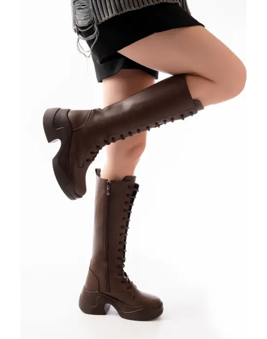 Kahverengi Yüksek Tabanlı Bağcıklı Fermuarlı Günlük Kadın Çizme