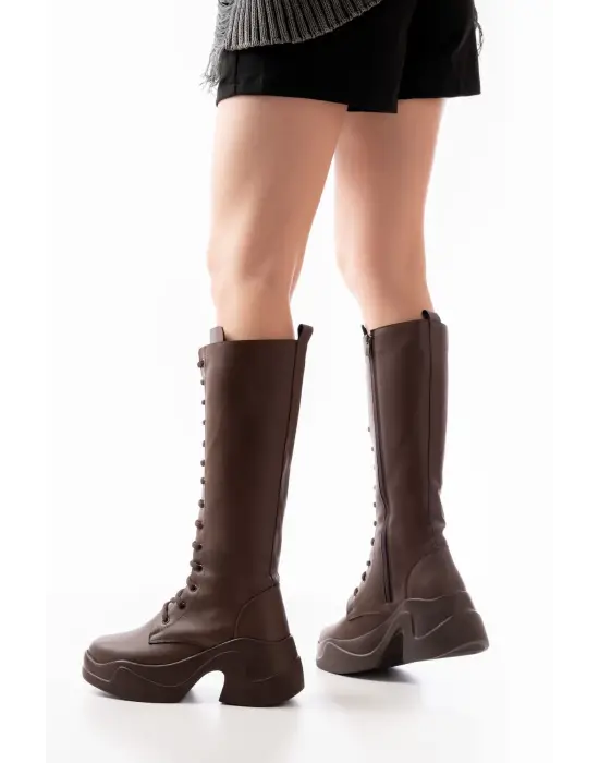 Kahverengi Yüksek Tabanlı Bağcıklı Fermuarlı Günlük Kadın Çizme