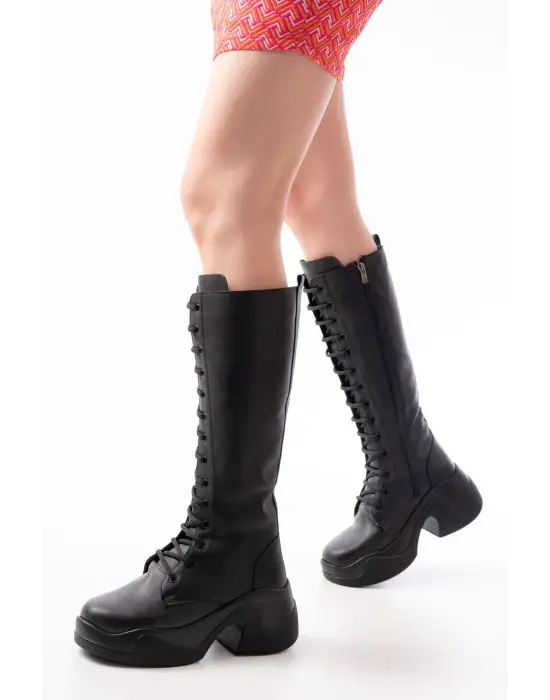 Siyah Yüksek Tabanlı Bağcıklı Fermuarlı Günlük Kadın Çizme