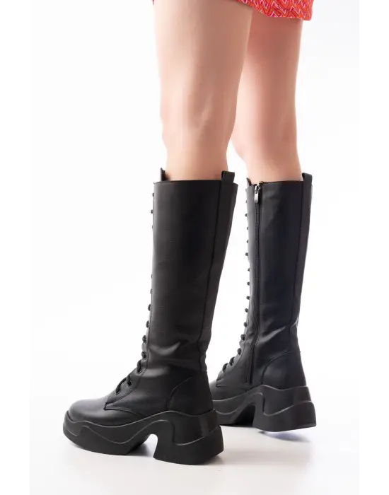 Siyah Yüksek Tabanlı Bağcıklı Fermuarlı Günlük Kadın Çizme