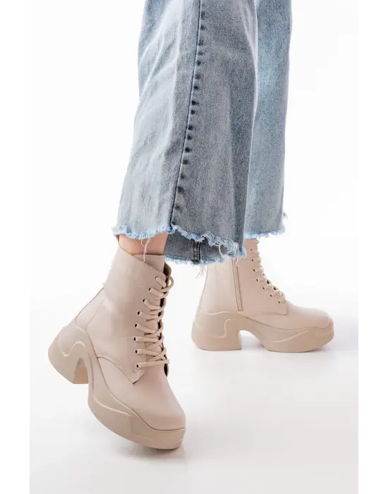 Bej Yüksek Tabanlı Bağcıklı Fermuarlı Günlük Kadın Bot