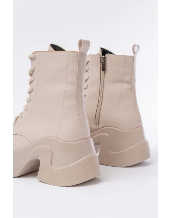 Bej Yüksek Tabanlı Bağcıklı Fermuarlı Günlük Kadın Bot