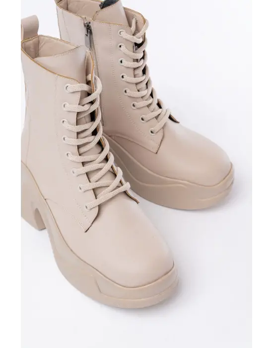 Bej Yüksek Tabanlı Bağcıklı Fermuarlı Günlük Kadın Bot