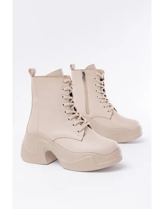 Bej Yüksek Tabanlı Bağcıklı Fermuarlı Günlük Kadın Bot