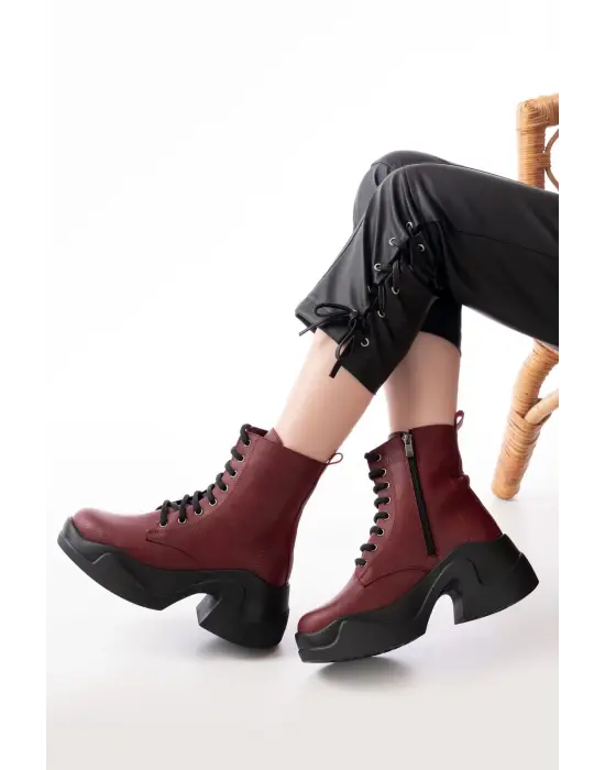 Bordo Yüksek Tabanlı Bağcıklı Fermuarlı Günlük Kadın Bot
