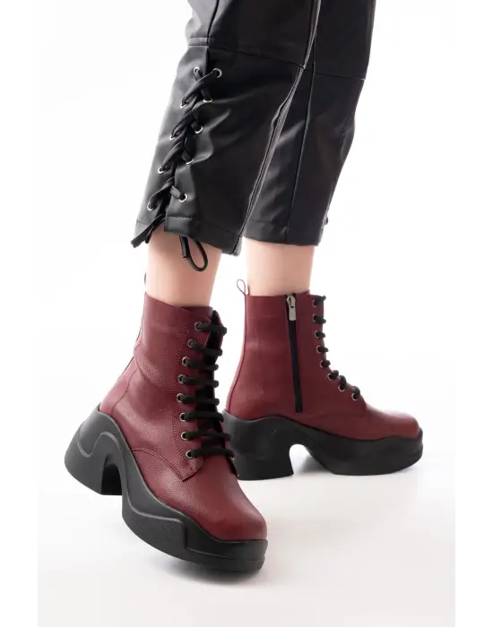 Bordo Yüksek Tabanlı Bağcıklı Fermuarlı Günlük Kadın Bot