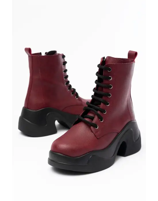 Bordo Yüksek Tabanlı Bağcıklı Fermuarlı Günlük Kadın Bot