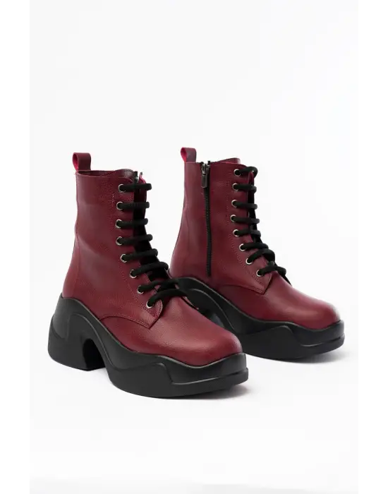 Bordo Yüksek Tabanlı Bağcıklı Fermuarlı Günlük Kadın Bot