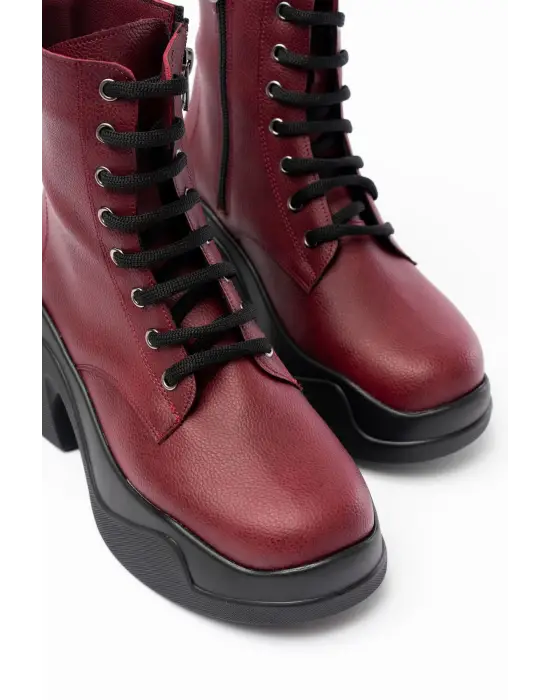 Bordo Yüksek Tabanlı Bağcıklı Fermuarlı Günlük Kadın Bot