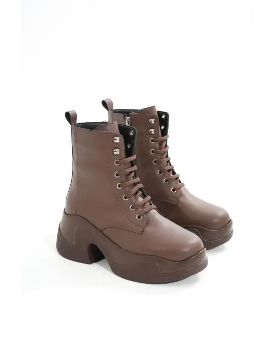 Kahverengi Yüksek Tabanlı Bağcıklı Fermuarlı Günlük Kadın Bot