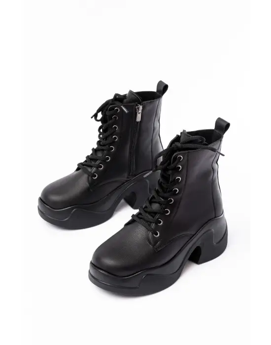 Siyah Yüksek Tabanlı Bağcıklı Fermuarlı Günlük Kadın Bot