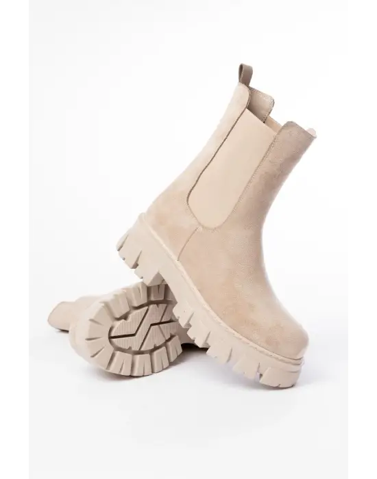 Bej Süet Yüksek Tabanlı Lastikli Günlük Kadın Bot