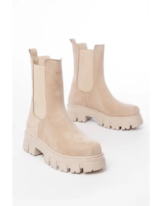 Bej Süet Yüksek Tabanlı Lastikli Günlük Kadın Bot