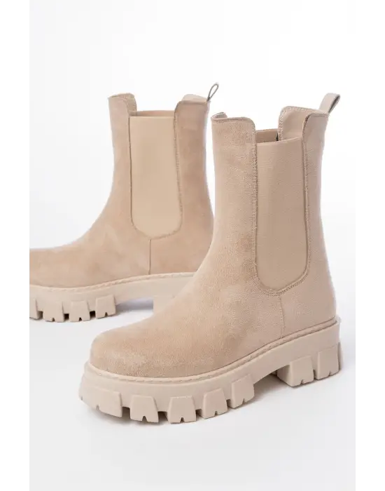 Bej Süet Yüksek Tabanlı Lastikli Günlük Kadın Bot