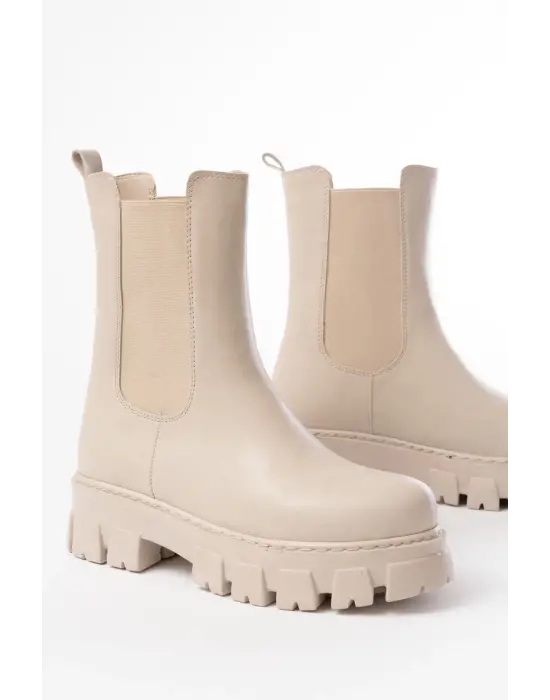 Bej Yüksek Tabanlı Lastikli Günlük Kadın Bot