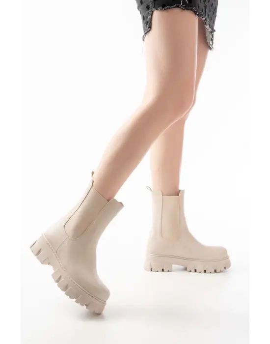 Bej Yüksek Tabanlı Lastikli Günlük Kadın Bot