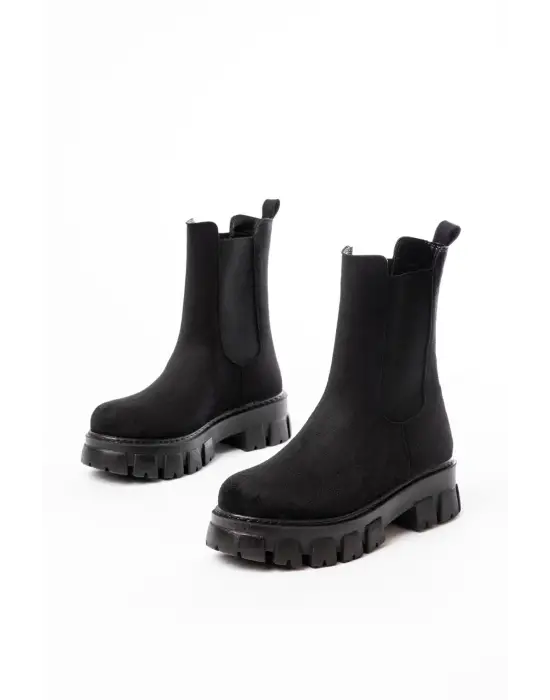 Siyah Süet Yüksek Tabanlı Lastikli Günlük Kadın Bot