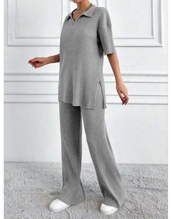 Geniş Fitilli Polo Yaka Kısa Kol Takım