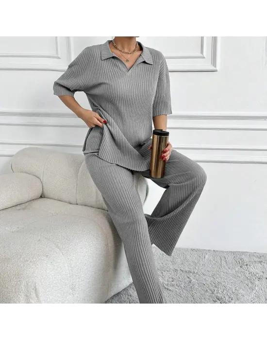 Geniş Fitilli Polo Yaka Kısa Kol Takım