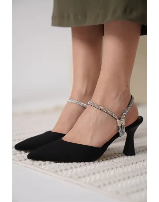 Georgina Kadın Taşlı Siyah Saten Topuklu Ayakkabı