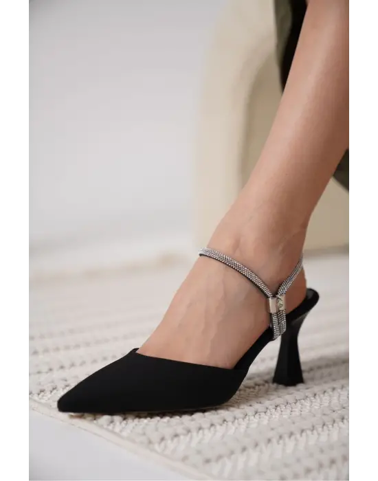 Georgina Kadın Taşlı Siyah Saten Topuklu Ayakkabı