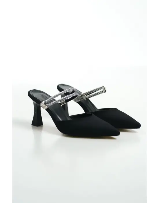 Georgina Kadın Taşlı Siyah Saten Topuklu Ayakkabı