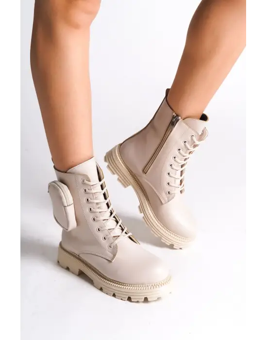Gına Bağcıklı Fermuarlı Ortopedik Taban Çantalı Kadın Bot  Kt - Krem